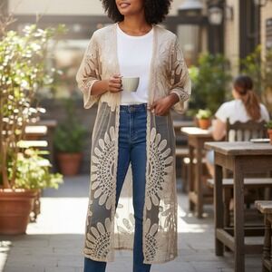Boho Chic Womens Top M Sheer Beige Floral Embroidered Lace Kimono Duster Beachy